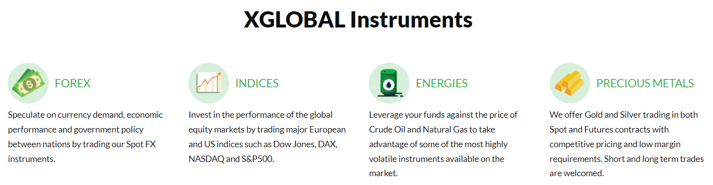 XGLOBAL Markets Review Trading Instruments