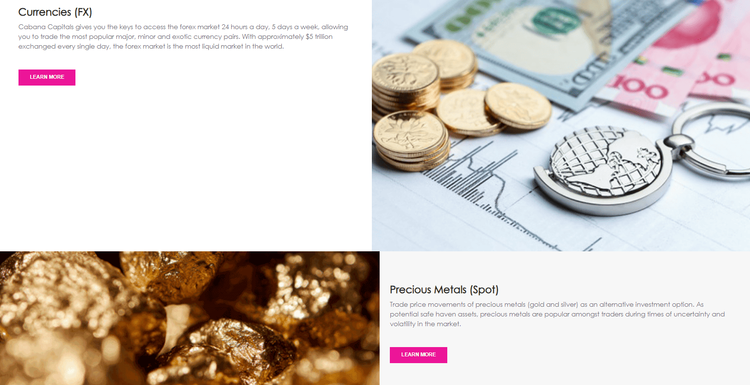 Cabana Capitals Review Trading Instruments