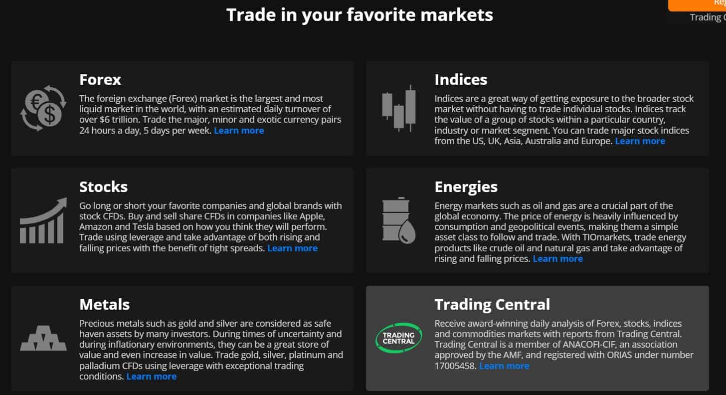 TIO Markets Review Instruments